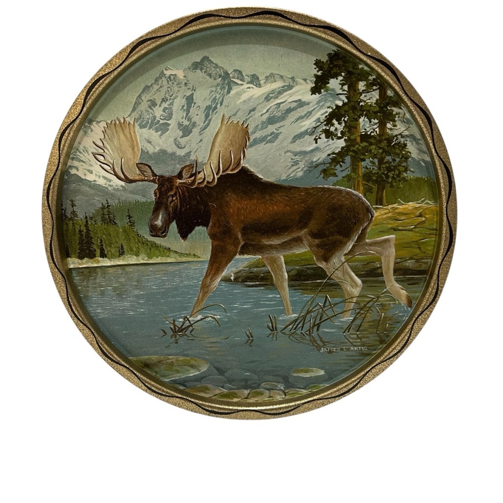 Vintage James L. Artig Moose Rustic Tin Tray Wild Life Art Farmhouse Mid-Century